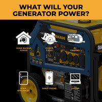 The FIRMAN Power Equipment Tri Fuel 7500W Portable Generator Electric Start 120/240V features labeled icons showing it powers home backup, power tools, RVs, appliances, smartphones, and laptops.