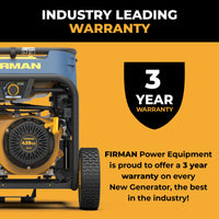 A yellow and black FIRMAN Power Equipment Tri Fuel 7500W Portable Generator Electric Start 120/240V is shown next to text stating FIRMAN Power Equipment offers a 3-year warranty on every new generator.