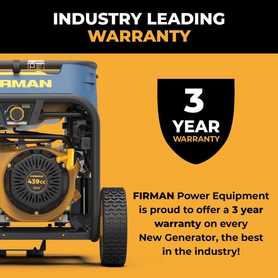 A yellow and black FIRMAN Power Equipment Tri Fuel 7500W Portable Generator Electric Start 120/240V is shown next to text stating FIRMAN Power Equipment offers a 3-year warranty on every new generator.