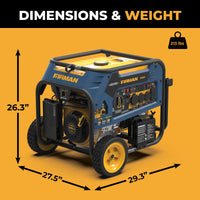 The FIRMAN Power Equipment Tri Fuel 7500W Portable Generator Electric Start 120/240V, measuring 26.3" H x 27.5" W x 29.3" L and weighing 213 lbs, is ideal as a reliable home standby generator solution on a yellow background.