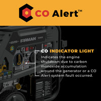 A close-up of the FIRMAN Power Equipment Tri Fuel Portable Generator 9400W Electric Start 120/240V shows the CO Alert light, indicating carbon monoxide buildup or a system fault.