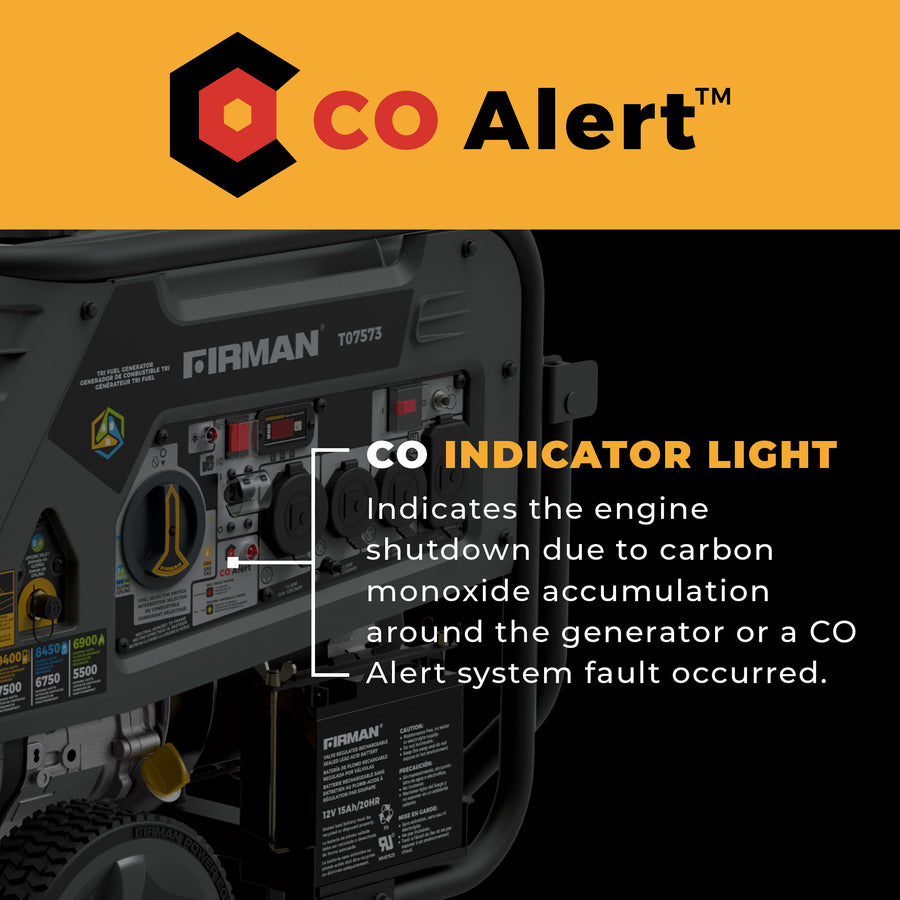 A close-up of the FIRMAN Power Equipment Tri Fuel Portable Generator 9400W Electric Start 120/240V shows the CO Alert light, indicating carbon monoxide buildup or a system fault.