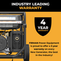 The FIRMAN Power Equipment Tri Fuel Portable Generator 9400W Electric Start 120/240V with CO Alert comes with an industry-best 4-year warranty for your peace of mind.