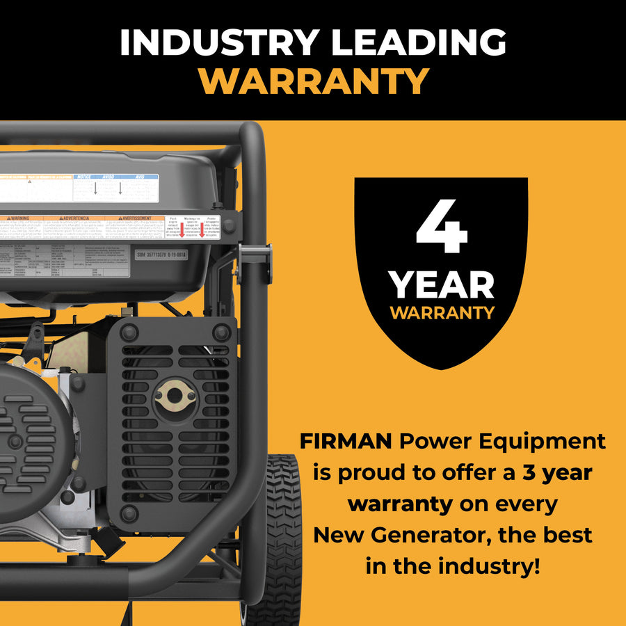 The FIRMAN Power Equipment Tri Fuel Portable Generator 9400W Electric Start 120/240V with CO Alert comes with an industry-best 4-year warranty for your peace of mind.