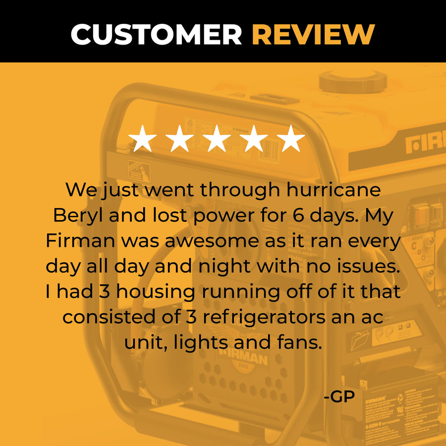 A customer review praises the FIRMAN Power Equipment Tri Fuel Portable Generator 9400W Electric Start 120/240V with CO Alert for reliably powering multiple appliances for 6 days during Hurricane Beryl.