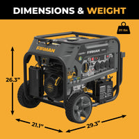 The FIRMAN Power Equipment Tri Fuel Portable Generator 9400W Electric Start (120/240V, CO Alert) measures 26.3" x 21.1" x 29.3", weighs 211 lbs, and features wheels and a visible control panel for convenient whole-home use.