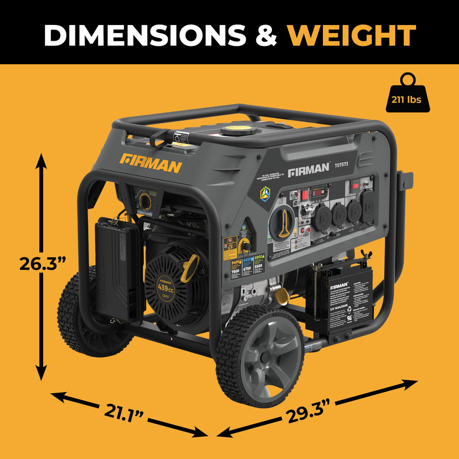 The FIRMAN Power Equipment Tri Fuel Portable Generator 9400W Electric Start (120/240V, CO Alert) measures 26.3" x 21.1" x 29.3", weighs 211 lbs, and features wheels and a visible control panel for convenient whole-home use.