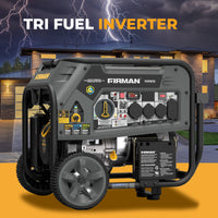 A FIRMAN Power Equipment Tri Fuel Portable Generator 9400W Electric Start 120/240V with CO Alert is shown outside a modern house under a stormy sky. Text reads "Tri Fuel Inverter.