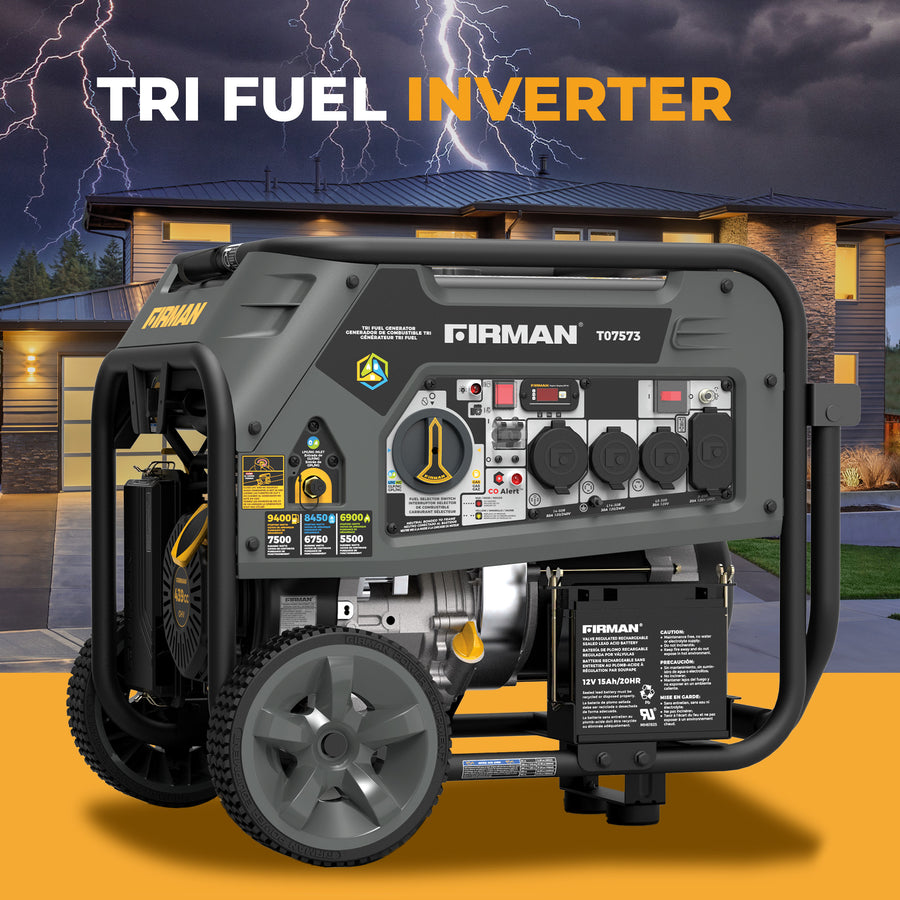 A FIRMAN Power Equipment Tri Fuel Portable Generator 9400W Electric Start 120/240V with CO Alert is shown outside a modern house under a stormy sky. Text reads "Tri Fuel Inverter.