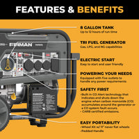 The FIRMAN Power Equipment Tri Fuel Portable Generator 9400W Electric Start 120/240V with CO Alert features an 8-gallon tank, multiple outlets, easy portability, and is ideal as a portable whole home generator.
