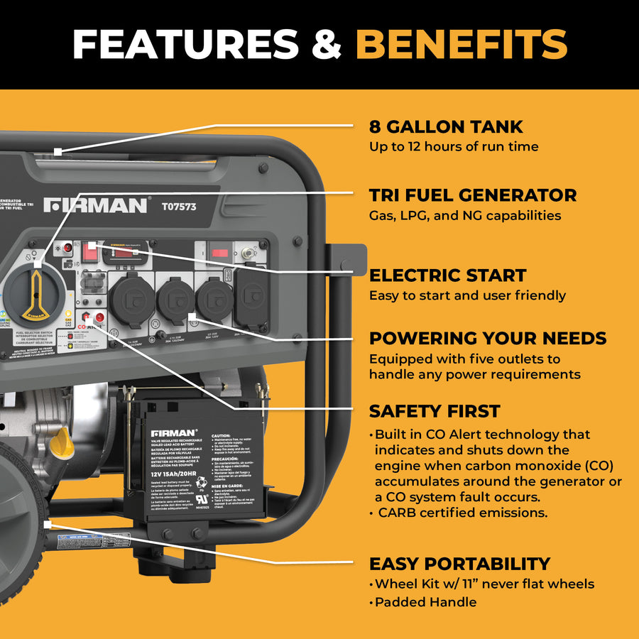 The FIRMAN Power Equipment Tri Fuel Portable Generator 9400W Electric Start 120/240V with CO Alert features an 8-gallon tank, multiple outlets, easy portability, and is ideal as a portable whole home generator.