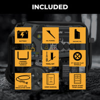 Image of the FIRMAN Tri Fuel Portable Generator 9400W Electric Start 120/240V with CO Alert, showing included: battery, oil funnel, engine oil, handle, tool kit, wheels, hose, user manual & quick start guide for complete home backup.