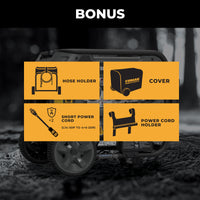 Image of the FIRMAN Power Equipment Tri Fuel Portable Generator 9400W Electric Start (120/240V, CO Alert) with bonus accessories: hose holder, cover, two L14-30P to 4-5-20R cords, and a cord holder—ideal for portable whole home use.