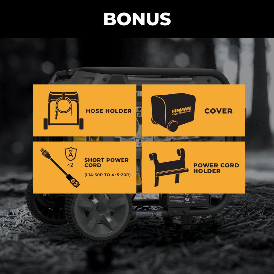 Image of the FIRMAN Power Equipment Tri Fuel Portable Generator 9400W Electric Start (120/240V, CO Alert) with bonus accessories: hose holder, cover, two L14-30P to 4-5-20R cords, and a cord holder—ideal for portable whole home use.