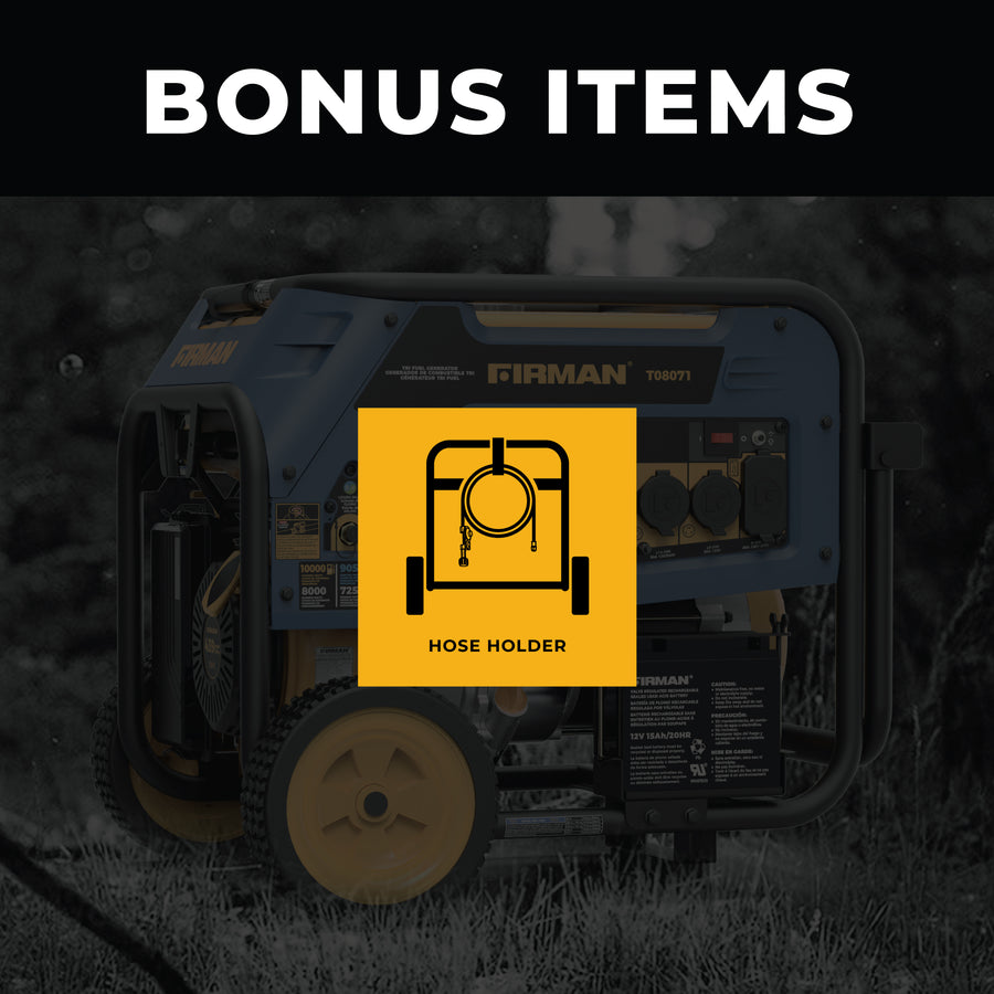 Portable FIRMAN Power Equipment T08071 Tri Fuel Portable Generator 8000W Electric Start 120/240V on grass with a "bonus items" label featuring a hose holder icon.
