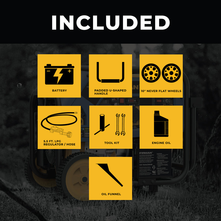 Graphic showing accessories included with the FIRMAN Power Equipment Tri Fuel Portable Generator 8000W Electric Start 120/240V: battery, padded u-shaped handle, never-flat wheels, regulator/hose, tool kit, engine oil, and oil funnel.