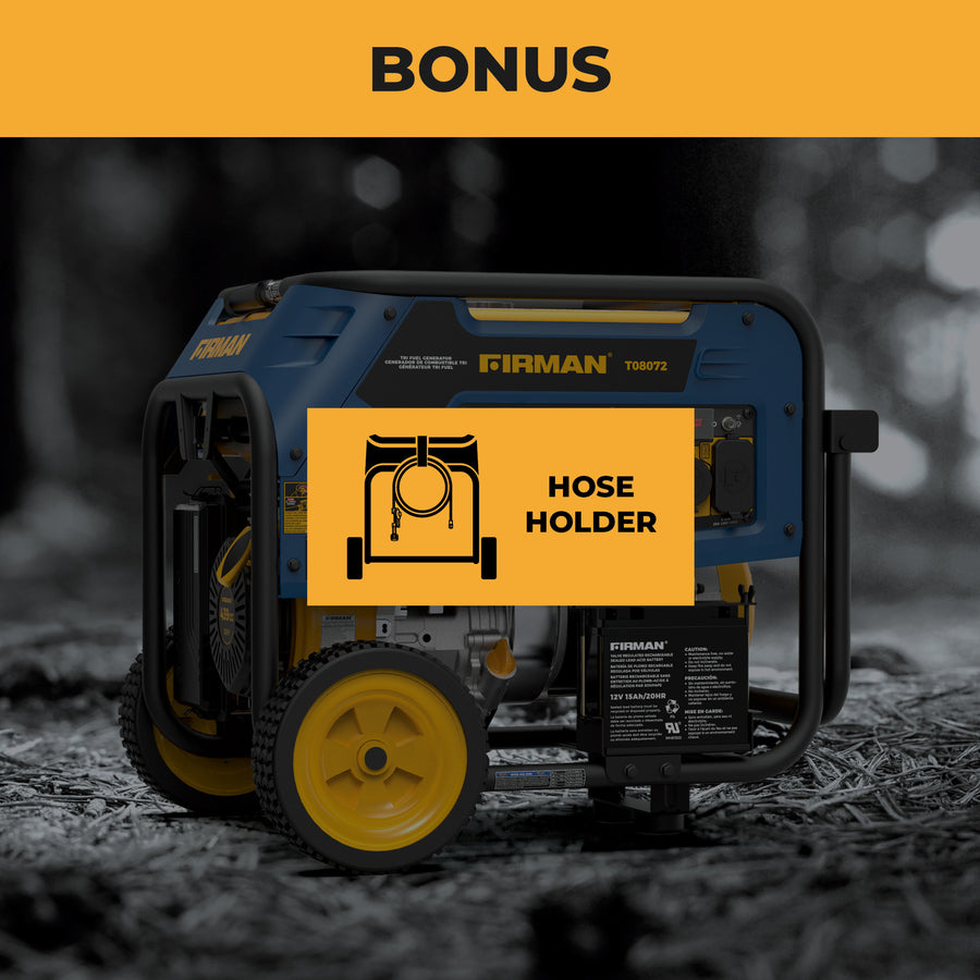 A blue and yellow FIRMAN Power Equipment Tri Fuel 8000W Portable Generator Electric Start 120/240V with CO ALERT is shown outdoors, highlighting the "hose holder" feature. The word "BONUS" appears at the top.