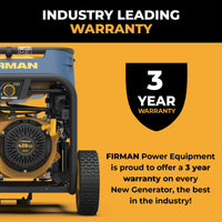 Close-up of a FIRMAN Power Equipment Tri Fuel 8000W Portable Generator Electric Start 120/240V with CO ALERT beside a shield icon and text: “3 Year Warranty” available on all new FIRMAN generators up to 10000 starting watts.