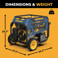 The FIRMAN Power Equipment Tri Fuel 8000W Portable Generator Electric Start 120/240V with CO ALERT offers tri-fuel capability, electric start, portability with wheels, and weighs 213 lbs (26.3" H x 27.5" W x 30.2" L).