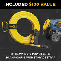 A yellow 25-foot heavy duty 30-amp power cord with storage strap is shown coiled next to a FIRMAN Power Equipment Tri Fuel Portable Generator 10000/8000W Electric Start With CO Alert; features a $100 value label.
