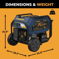 The FIRMAN Tri Fuel Portable Generator offers 10000/8000W with an electric start and CO Alert. Measuring 26.8" x 28.5" x 30.8" and weighing 225 lbs, it features multiple outlets and two wheels for easy mobility, delivering dependable energy wherever needed.