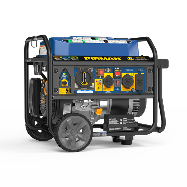 The FIRMAN Power Equipment Tri Fuel Portable Generator (8250/6600W) features electric start, wheel kit, bonus cover & cord, CO Alert, and multiple outlets—ideal for home backup power; shown on a white background.