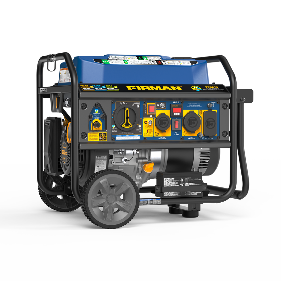 The FIRMAN Power Equipment Tri Fuel Portable Generator (8250/6600W) features electric start, wheel kit, bonus cover & cord, CO Alert, and multiple outlets—ideal for home backup power; shown on a white background.