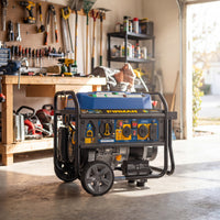 A FIRMAN Power Equipment Tri Fuel Portable Generator (8250/6600W, electric start, wheel kit, bonus cover & cord, CO Alert) sits on the garage floor with tools and equipment neatly organized in the background.