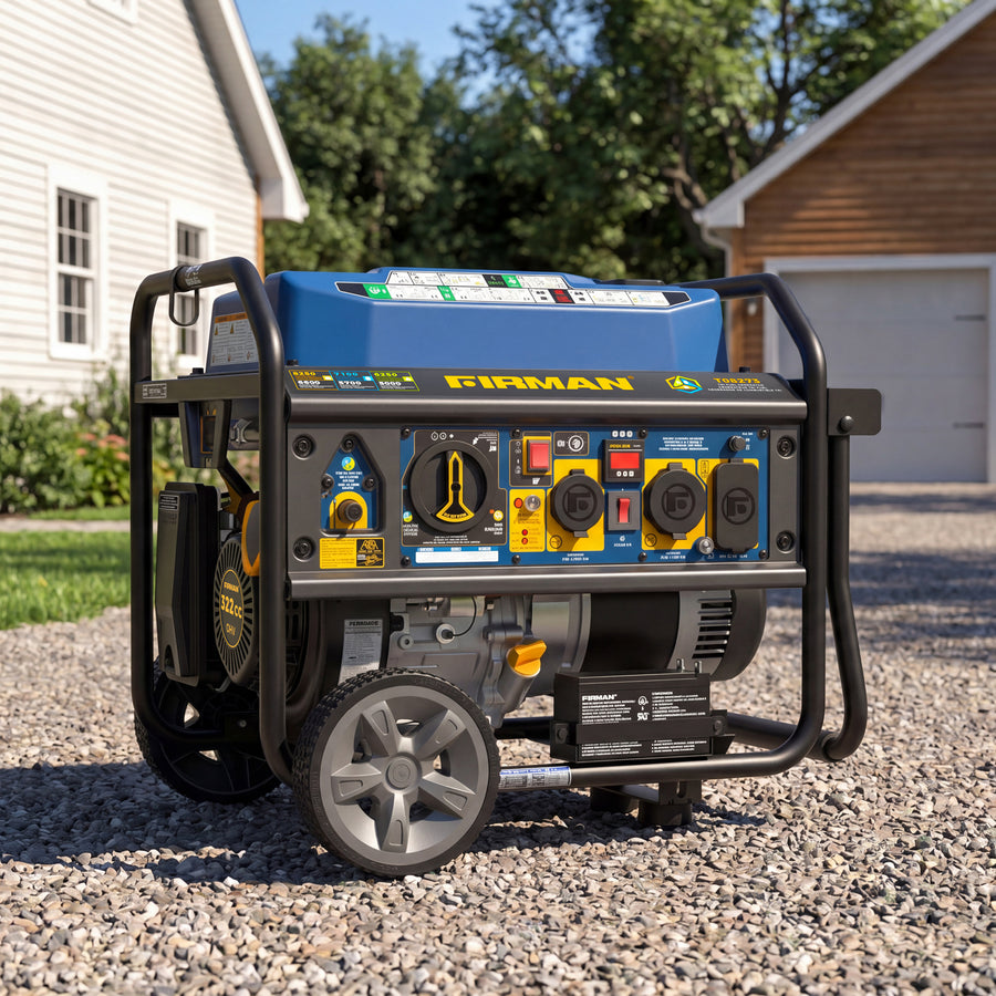 The FIRMAN Power Equipment Tri Fuel Portable Generator 8250/6600W features electric start, a wheel kit, bonus cover & cord, plus CO Alert—ideal for home backup or RV use, and easily set up on any driveway.