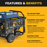 The FIRMAN Power Equipment Tri Fuel Portable Generator 8250/6600W features a 6.0-gal tank, 4 outlets, CO alert, electric start, wheel kit, bonus cover and cord—ideal for home backup or RV use.