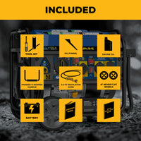 The FIRMAN Tri Fuel Portable Generator 8250/6600W with electric start, wheel kit, bonus cover & cord, and CO Alert is perfect for home or RV use. Includes tool kit, oil funnel, engine oil, battery, handle, 5.5 ft hose, wheels, manual & CSA kit.