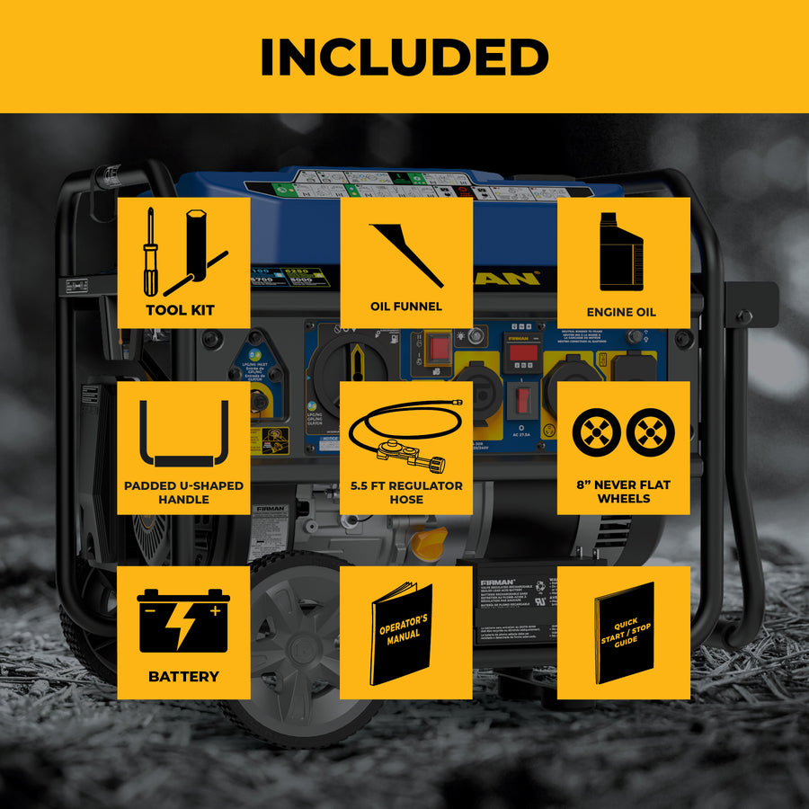 The FIRMAN Tri Fuel Portable Generator 8250/6600W with electric start, wheel kit, bonus cover & cord, and CO Alert is perfect for home or RV use. Includes tool kit, oil funnel, engine oil, battery, handle, 5.5 ft hose, wheels, manual & CSA kit.