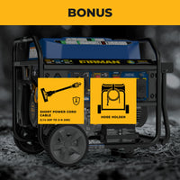 A FIRMAN Power Equipment Tri Fuel Portable Generator (8250/6600W, electric start, wheel kit) is displayed with bonus cover and power cord, CO Alert, against a yellow and black background—ideal for home backup or RV use.