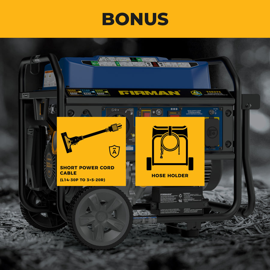 A FIRMAN Power Equipment Tri Fuel Portable Generator (8250/6600W, electric start, wheel kit) is displayed with bonus cover and power cord, CO Alert, against a yellow and black background—ideal for home backup or RV use.