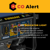 Close-up of the FIRMAN Power Equipment Tri Fuel Portable Generator 8250/6600W panel, highlighting the CO Alert indicator that signals engine shutdown due to carbon monoxide or a system fault.