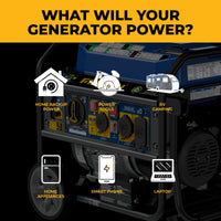 The FIRMAN Power Equipment Tri Fuel Portable Generator 8250/6600W with electric start can power home backup, tools, RV camping, appliances, smartphones, and laptops; includes wheel kit, bonus cover & cord, plus CO Alert.