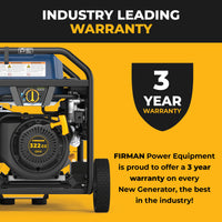 The FIRMAN Power Equipment Tri Fuel Portable Generator 8250/6600W with electric start, wheel kit, bonus cover & cord, and CO Alert includes a 3-year warranty—an industry-leading offer for home backup or RV needs.