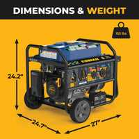 The FIRMAN Power Equipment Tri Fuel Portable Generator 8250/6600W with electric start, wheel kit, bonus cover & cord, and CO alert is shown on a yellow background—24.2" H x 24.7" D x 27" W, 153 lbs—ideal for home backup or RV use.