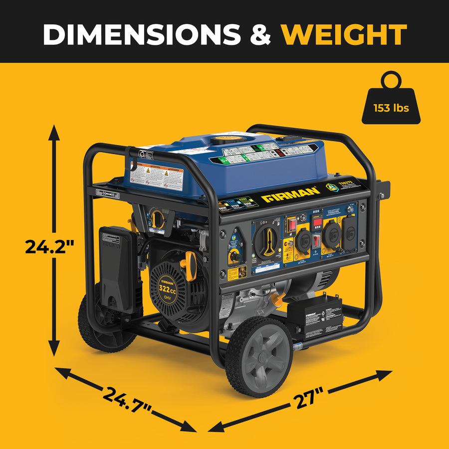 The FIRMAN Power Equipment Tri Fuel Portable Generator 8250/6600W with electric start, wheel kit, bonus cover & cord, and CO alert is shown on a yellow background—24.2" H x 24.7" D x 27" W, 153 lbs—ideal for home backup or RV use.