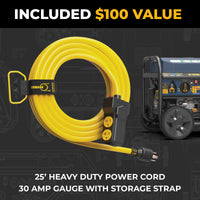 A $100 value 25-ft yellow heavy-duty 30A power cord with storage strap is shown next to the FIRMAN Tri Fuel Portable Generator 11600/9300W Electric Start, ideal for portable whole home standby use.