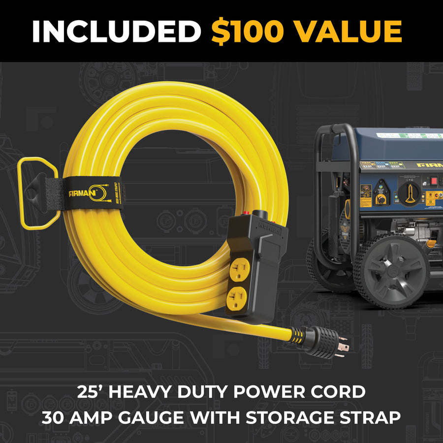 A $100 value 25-ft yellow heavy-duty 30A power cord with storage strap is shown next to the FIRMAN Tri Fuel Portable Generator 11600/9300W Electric Start, ideal for portable whole home standby use.