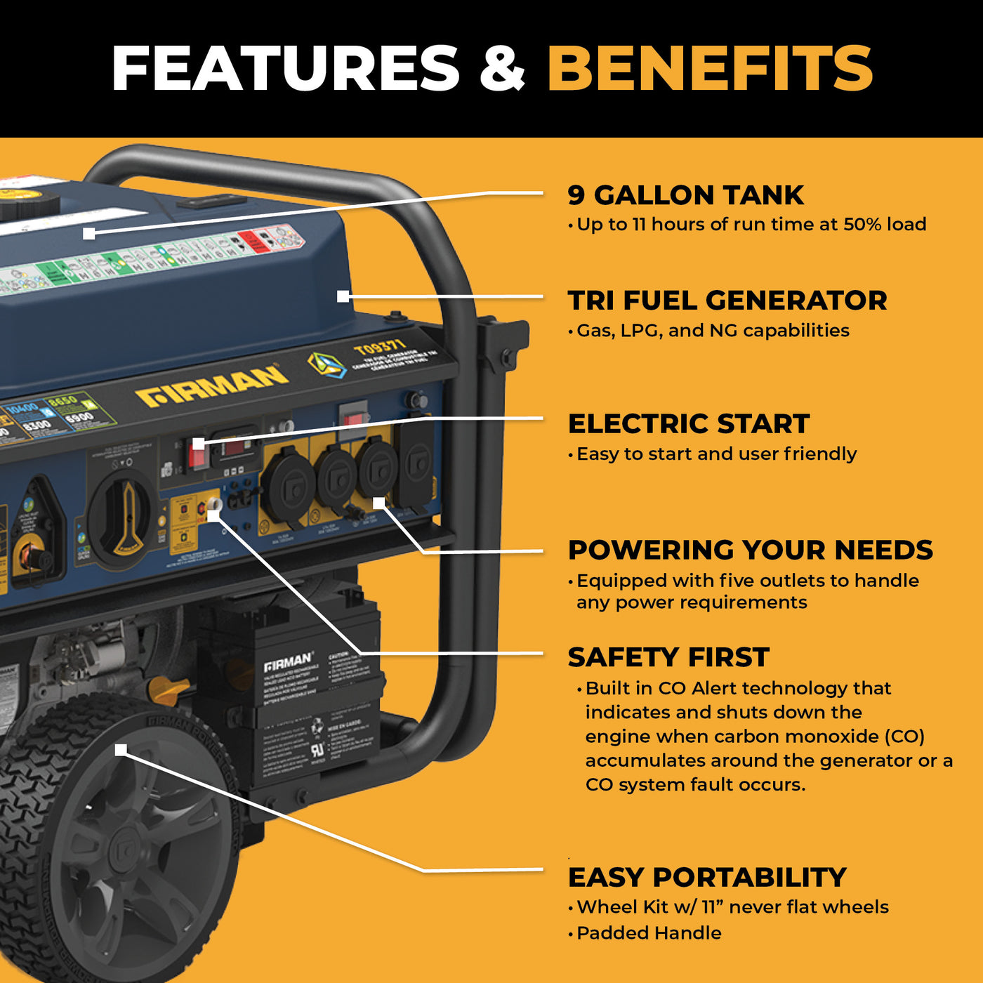 Tri Fuel Portable Generator 11600W Electric Start 120V/240V with CO al ...