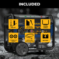 The FIRMAN Power Equipment Tri Fuel Portable Generator 11600/9300W Electric Start (120V/240V, CO alert) includes a tool kit, engine oil & funnel, padded handle, 11" never flat wheels, 5.5 ft regulator hose & battery—ideal for home backup or RVs.