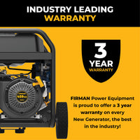 Image features the FIRMAN Power Equipment Tri Fuel Portable Generator 11600/9300W Electric Start 120V/240V with CO alert, showcasing a 3-year warranty included with every new generator.