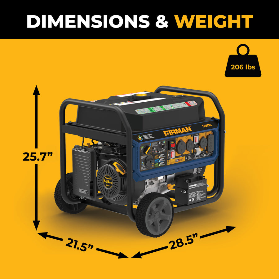 The FIRMAN Power Equipment Tri Fuel Portable Generator 11600/9300W Electric Start (120V/240V, CO alert) is perfect for home backup or RV use. It measures 25.7"H x 21.5"W x 28.5"L and weighs 206 lbs.