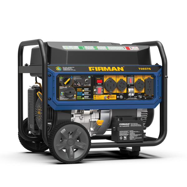 A FIRMAN Power Equipment Tri Fuel Portable Generator 11600/9300W with electric start, CO alert, and 120V/240V outlets is shown on a white background—perfect as a reliable home backup generator.