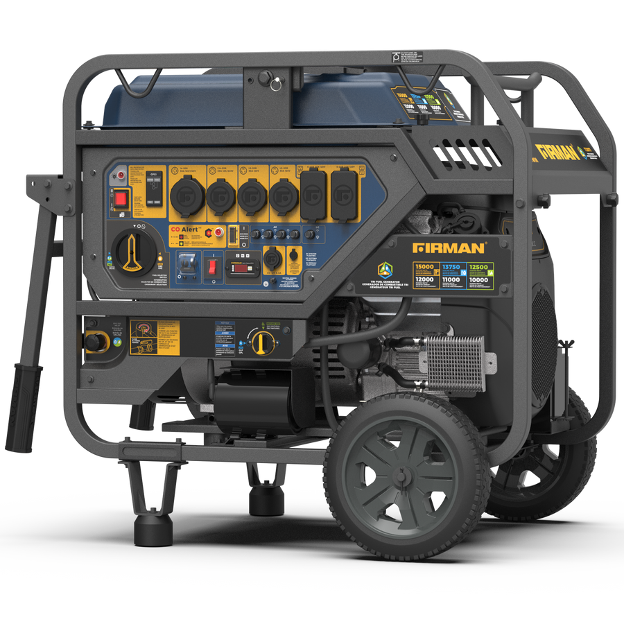 A portable tri-fuel FIRMAN Power Equipment power generator on wheels, featuring multiple outlets and control panels, displayed in a studio setting.