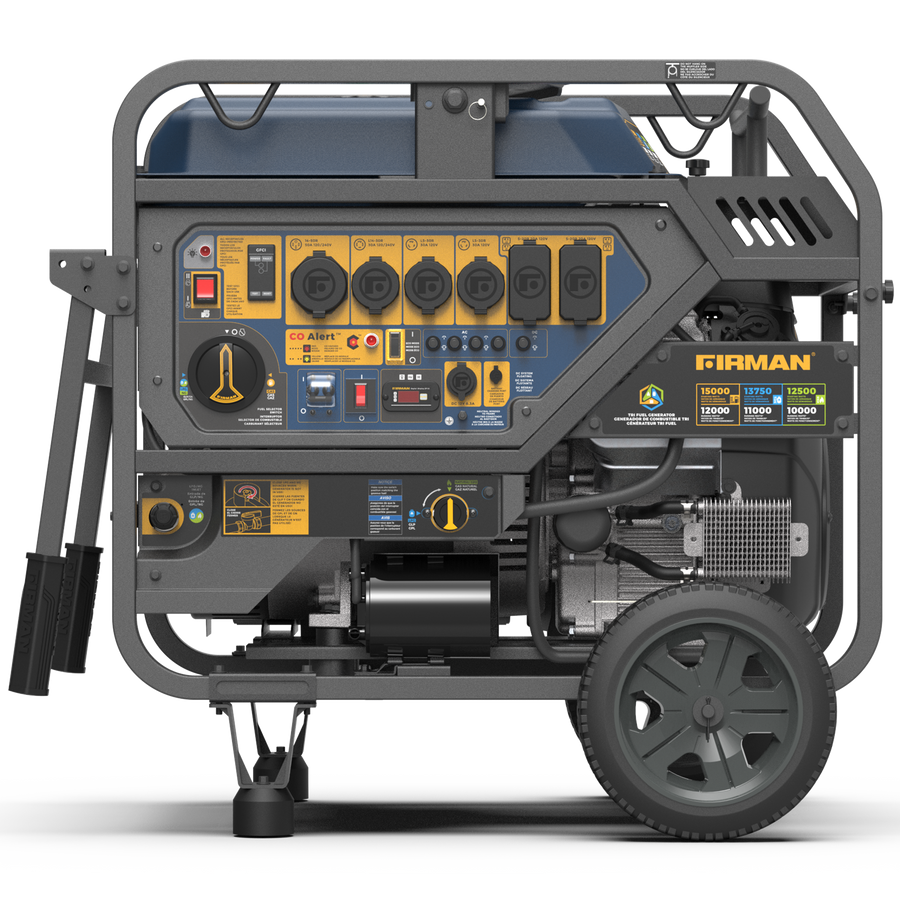 A FIRMAN Power Equipment portable generator on wheels, featuring multiple power outlets and control panel with various gauges and switches, including a CO Alert feature.