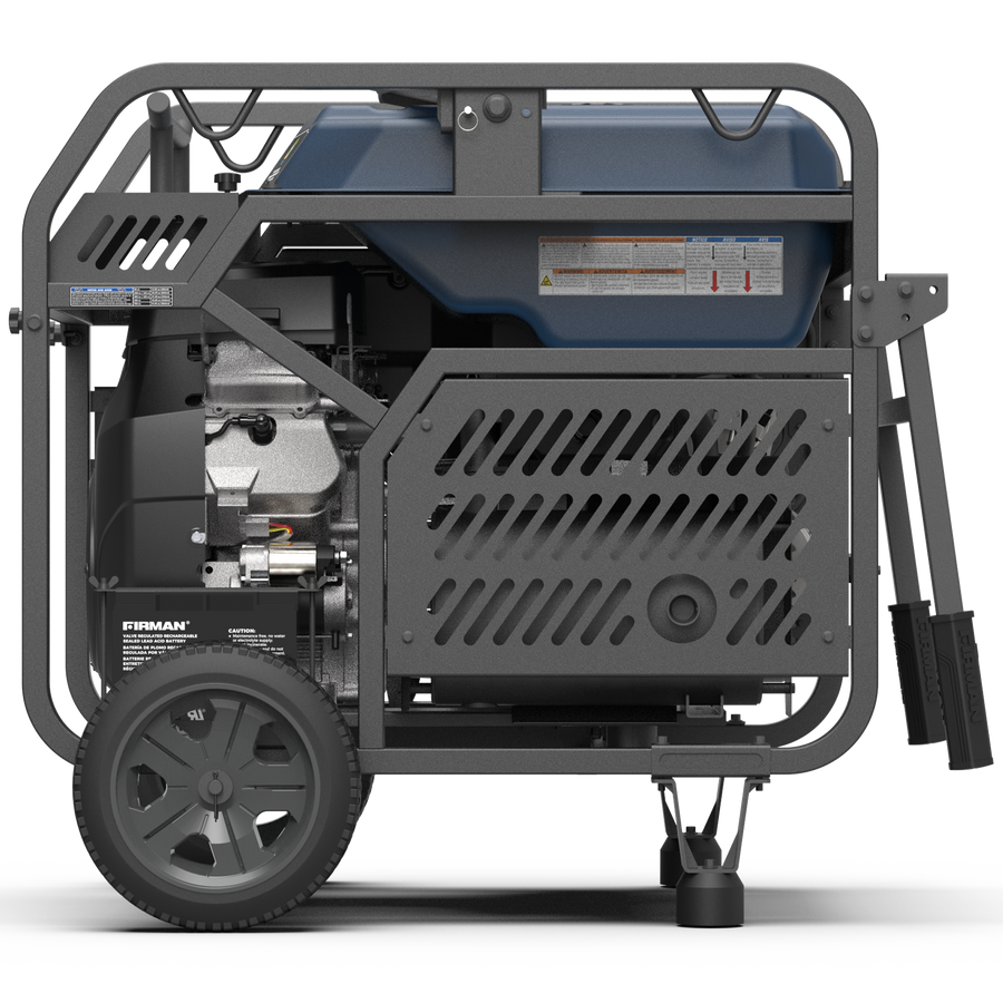 Portable gasoline generator on wheels with visible engine and control panel, isolated on a white background, featuring a CO Alert feature is the TRI FUEL PORTABLE GENERATOR 15000W ELECTRIC START 120/240V WITH CO ALERT by FIRMAN Power Equipment.