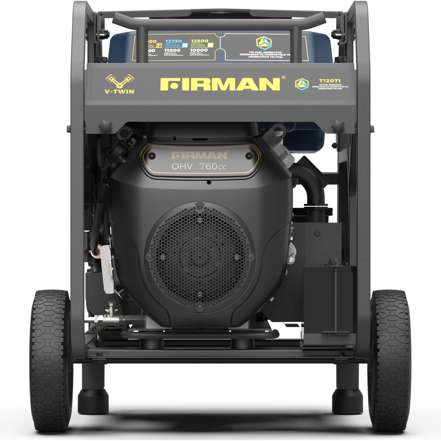 Front view of a FIRMAN Power Equipment TRI FUEL PORTABLE GENERATOR 15000W ELECTRIC START 120/240V WITH CO ALERT featuring a v-twin 760cc engine and information labels on a metal frame.